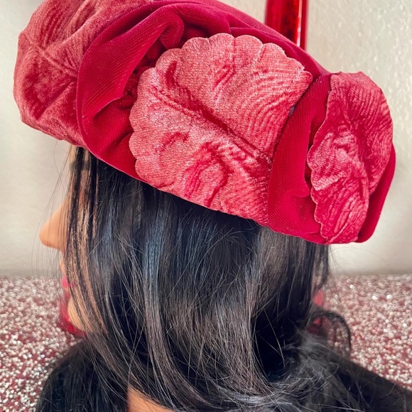 Vintage Velvet Leaves Hat Pink & Red Hat 60s Hat Union Made - Picture 3 of 6